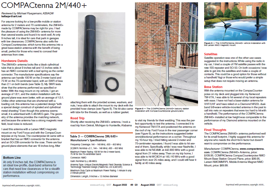 COMPACtenna Review QST August 2022 - REPRINT BY PERMISSION - Page 1and2 TOGETHER